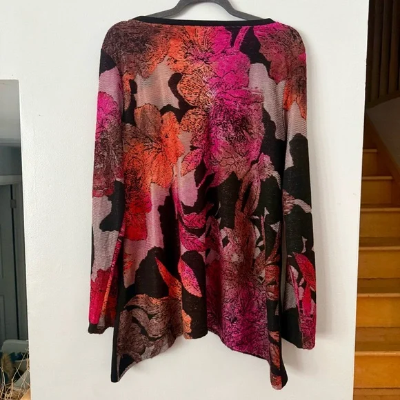 🇨🇦 EUC Vibrant Floral V-Neck Long Sleeve Semi-Sheer Mesh Tunic - Picture 2 of 4